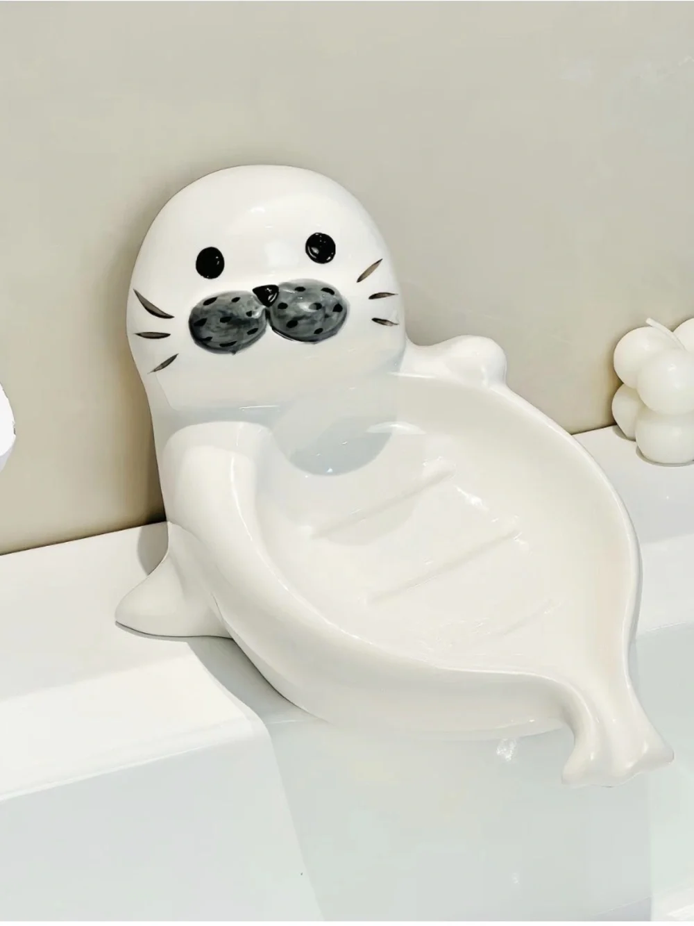 Ceramic Seal Soap Dish in White with light blue soap